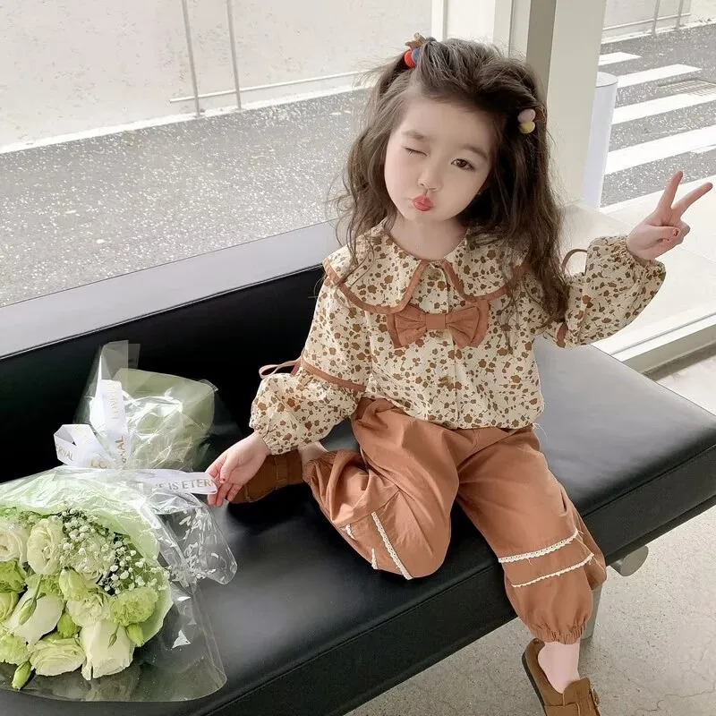 456  Casual Fashion Spring Autumn Style 2PCS SETS kids' Sets And Outfits For Girls Clothes Baby Girl Clothes Shirt + Wide Pants