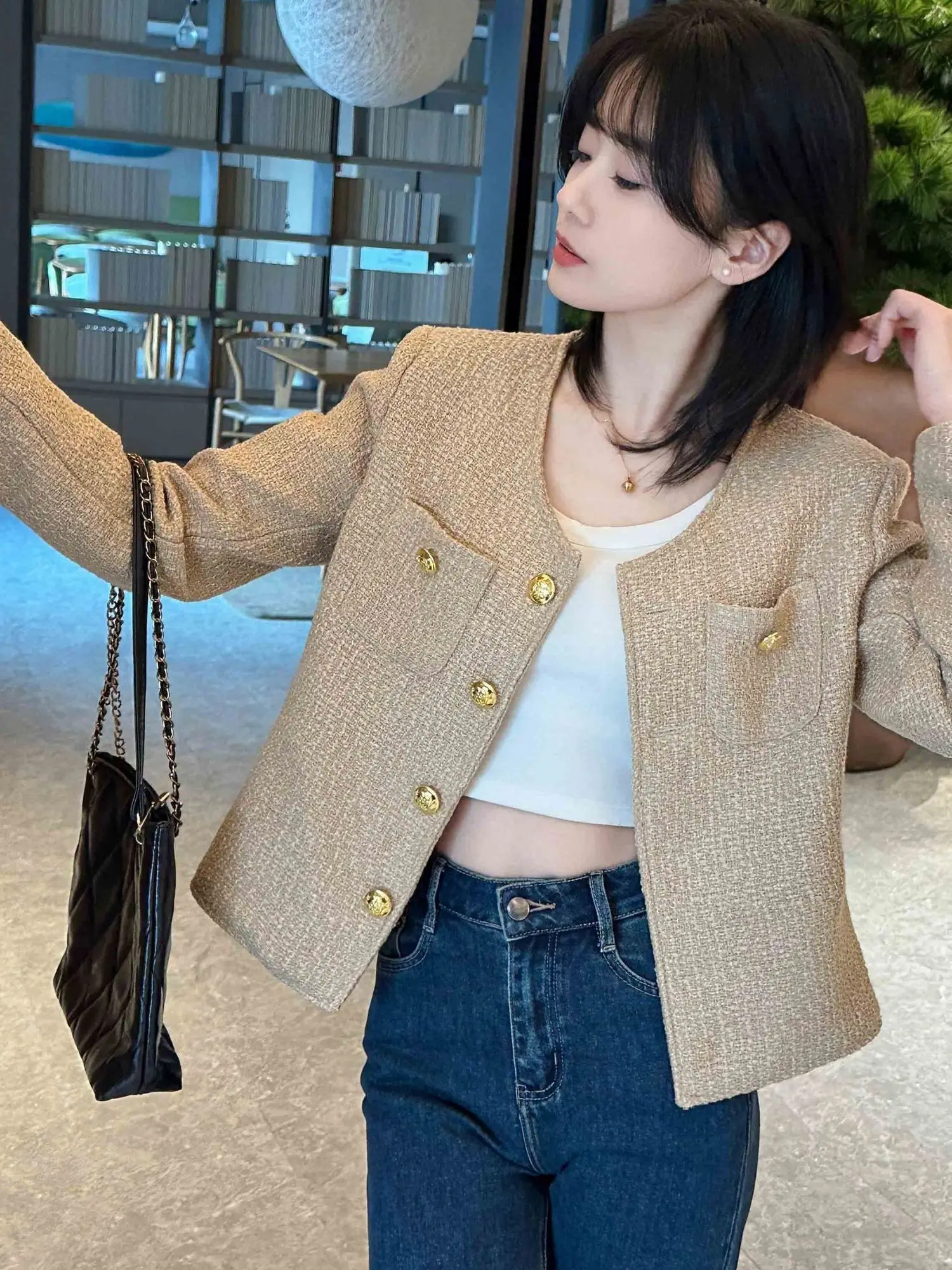 

ort Quilted Jaet Women's Faion oulder Length round Ne Luxury Texture Spring New Sle Ele Top Coat for Ladies