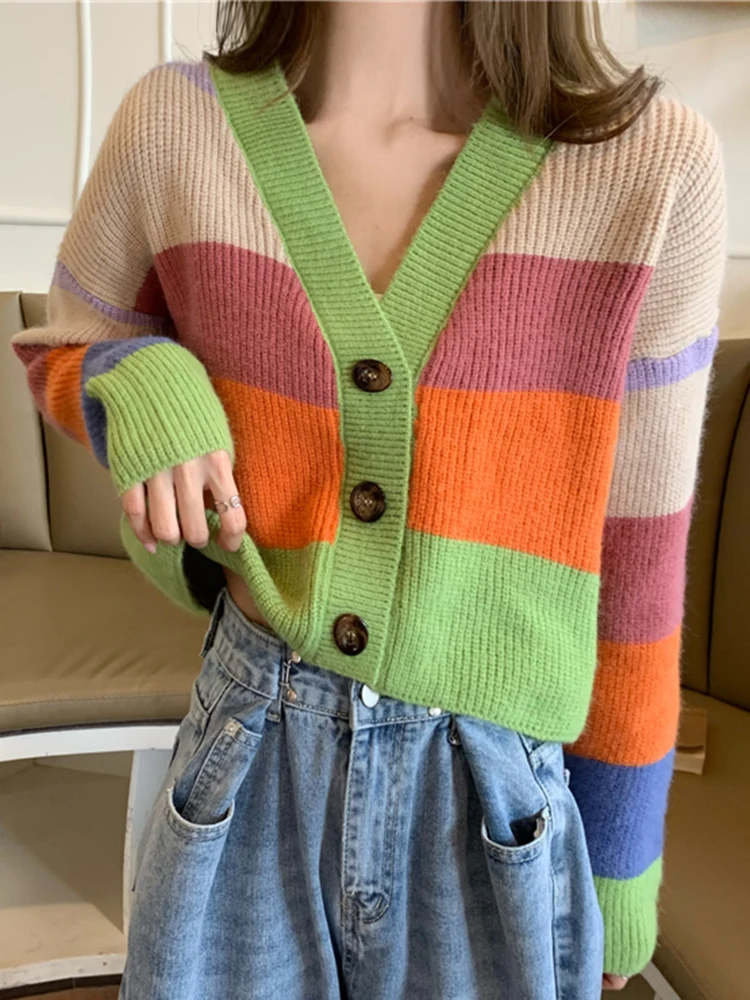 Autumn Winter Women V-neck Cardigan Tops Casual Rainbow Color Sweater Fashion Knitted Loose Jacket Y2k Streetwear 2024