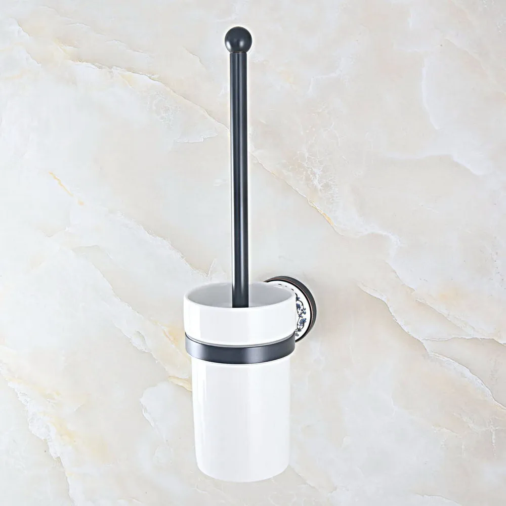 Bathroom Accessories Wall Mounted Black Oil Rubbed Brass Bathroom Toilet Brush Holder Toilet Cleaning With Ceramic Cup Nba762