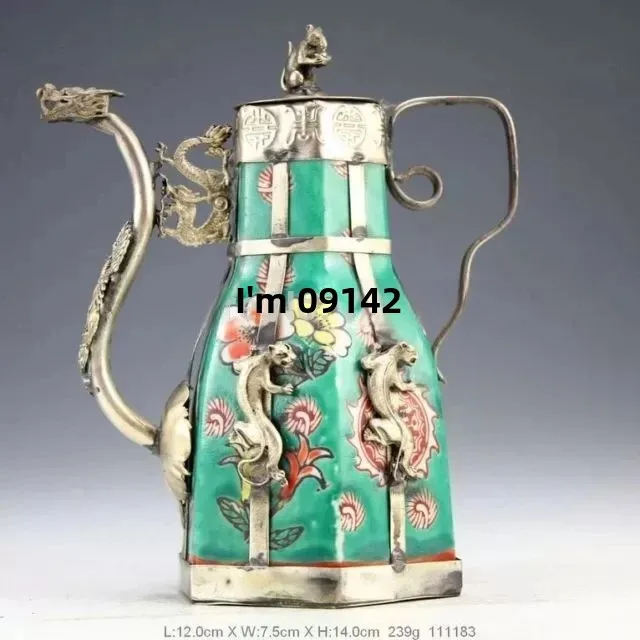 Decoration crafts art Miao Silver Oriental Vintage Handwork Porcelain Dragon Teapot Tibet Miao Antique Old Silver