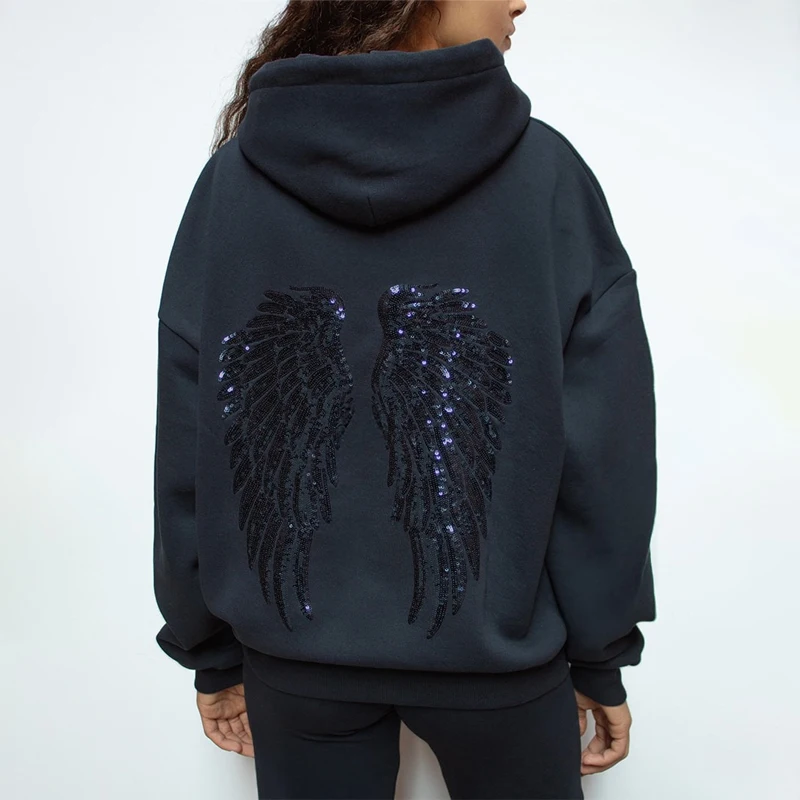 Y2K Retro Wings Sequin Hoodie Angel Wings Ornament Sweatshirt Harajuku Sweet Lady Casual Streetwear Relaxed Fit Pullover Coat