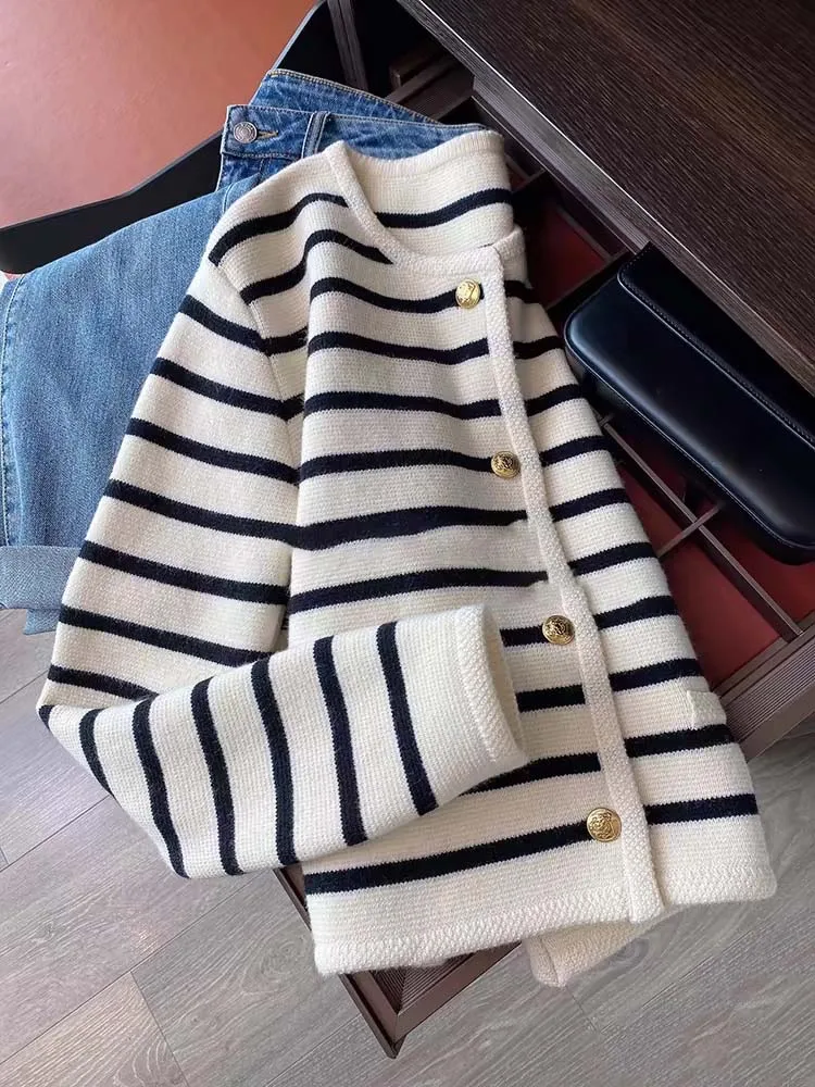 

Women's Autumn and Winter Color-Block Striped Design Commuter Elegant Slim-Fit Round-Neck Open-Front Long-Sleeve Knit Versatile