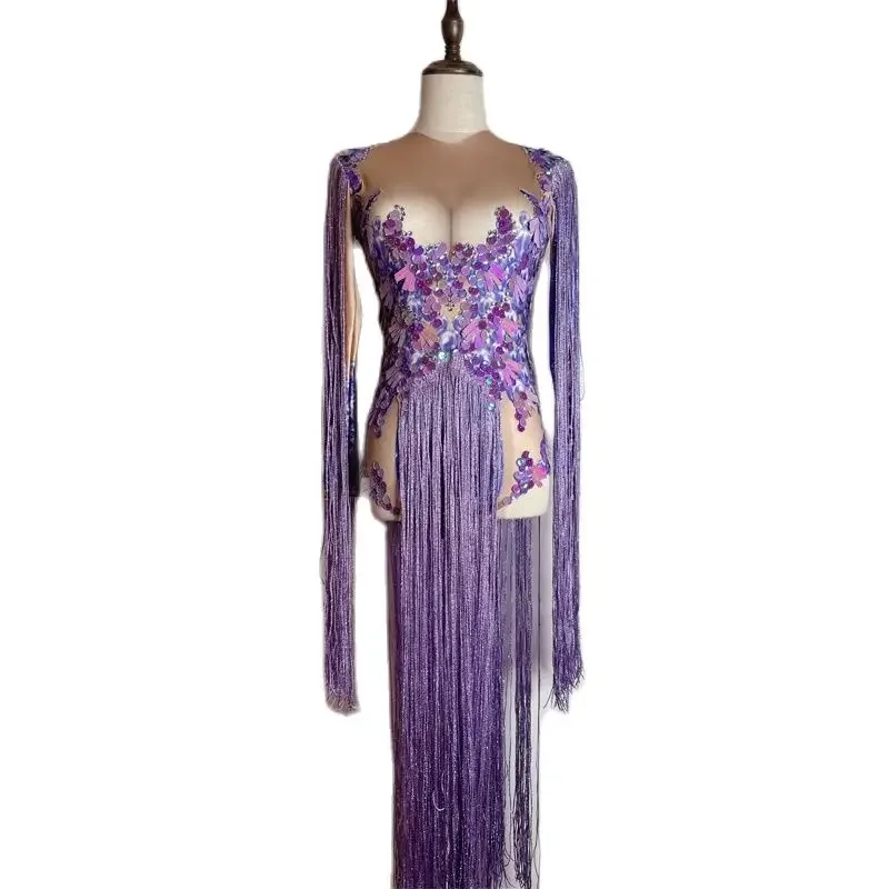 Body z fioletowymi dżetami, cekinami i długimi frędzlami, strój do tańca na rurze, damski kostium Gogo, odzież sceniczna do klubu nocnego, DJ, DS, XS5521