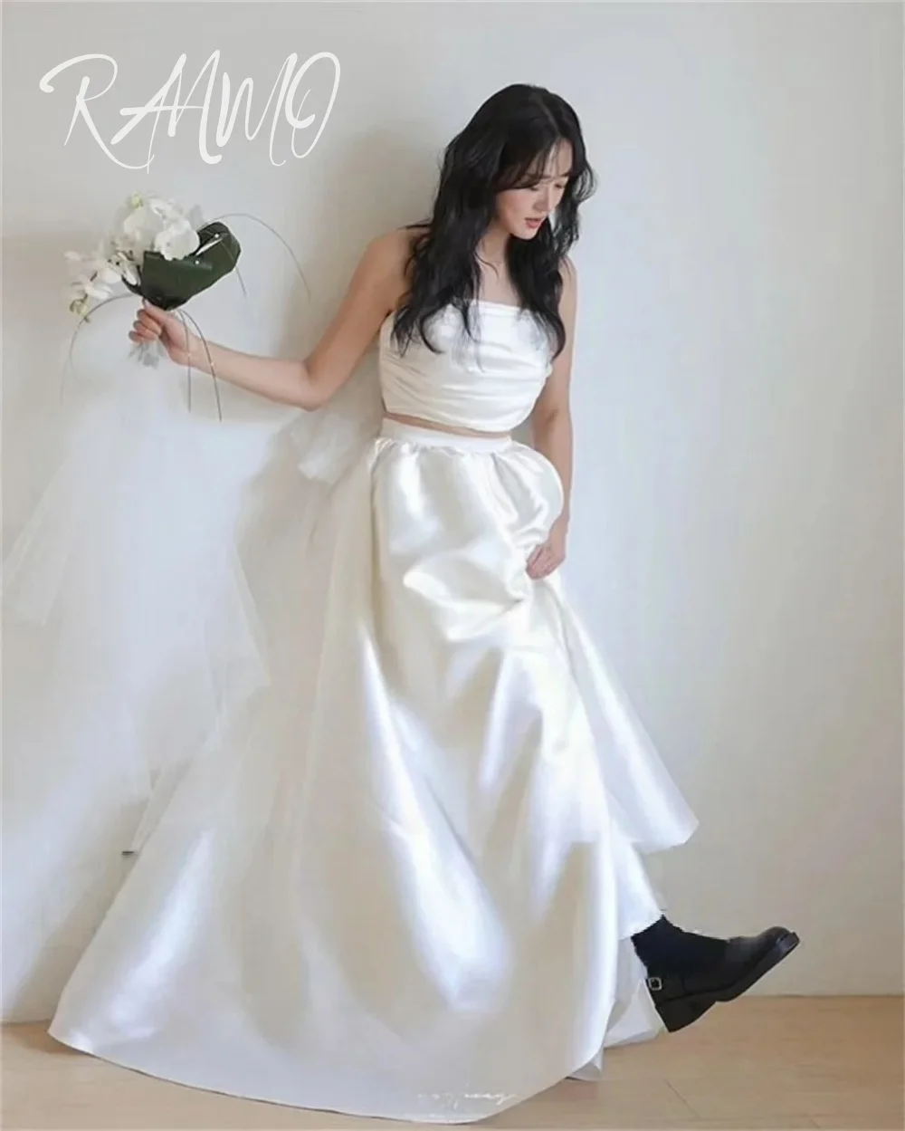 

Ranmo Customized 2 Pcs Strapless Top Korea Wedding Dresses Pleats Satin Bride Photos Shoot Party Dress Corset Long Bridal Gown