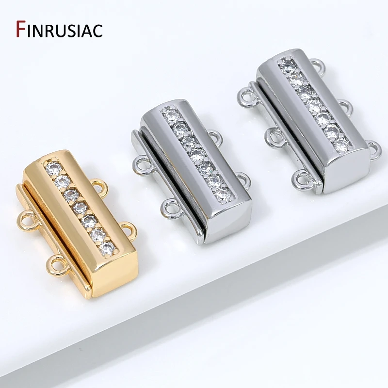 14K Gold Plated Brass Rectangular 2/3 Rows Magnetic Clasps,Zircon Layered Connector Clasps For DIY Jewelry Making Accessories