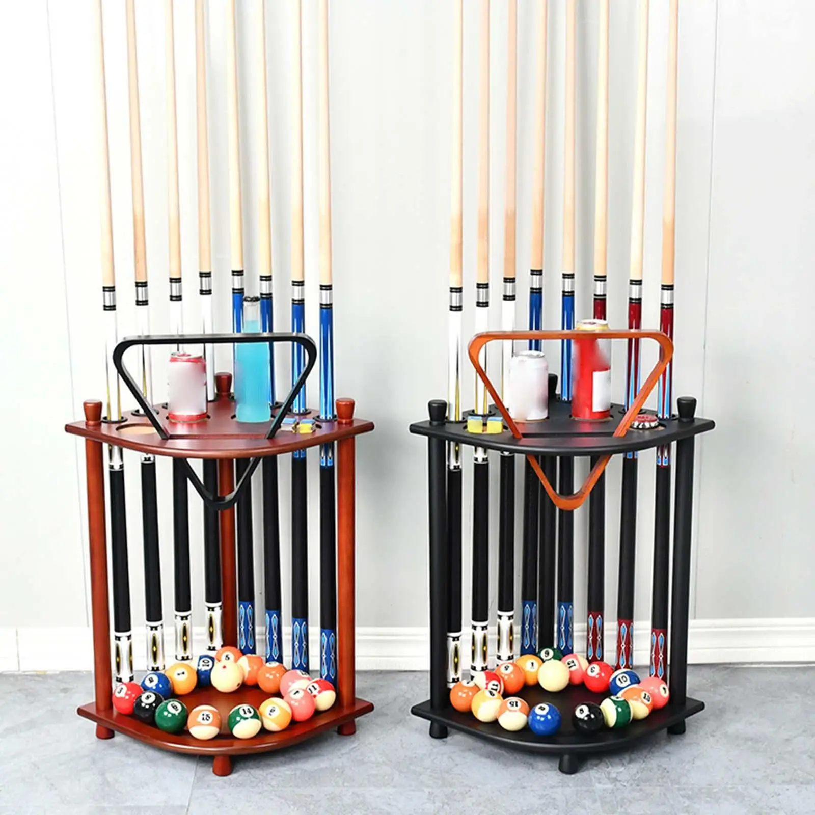 コーナーポールキュースティックホルダー木製フロアラック8スロットビリヤードスタンド、プールルーム収納用ビリヤード用品