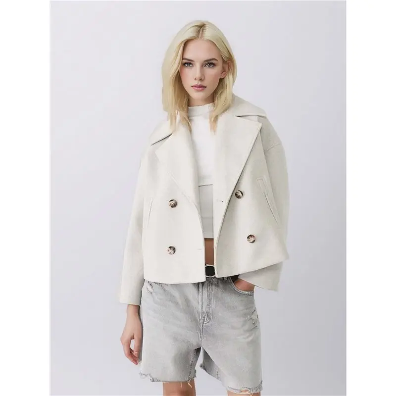 A19Q-Women's Fashionable Commuting Collar Double Row Buckle Short Woolen Loose Coat