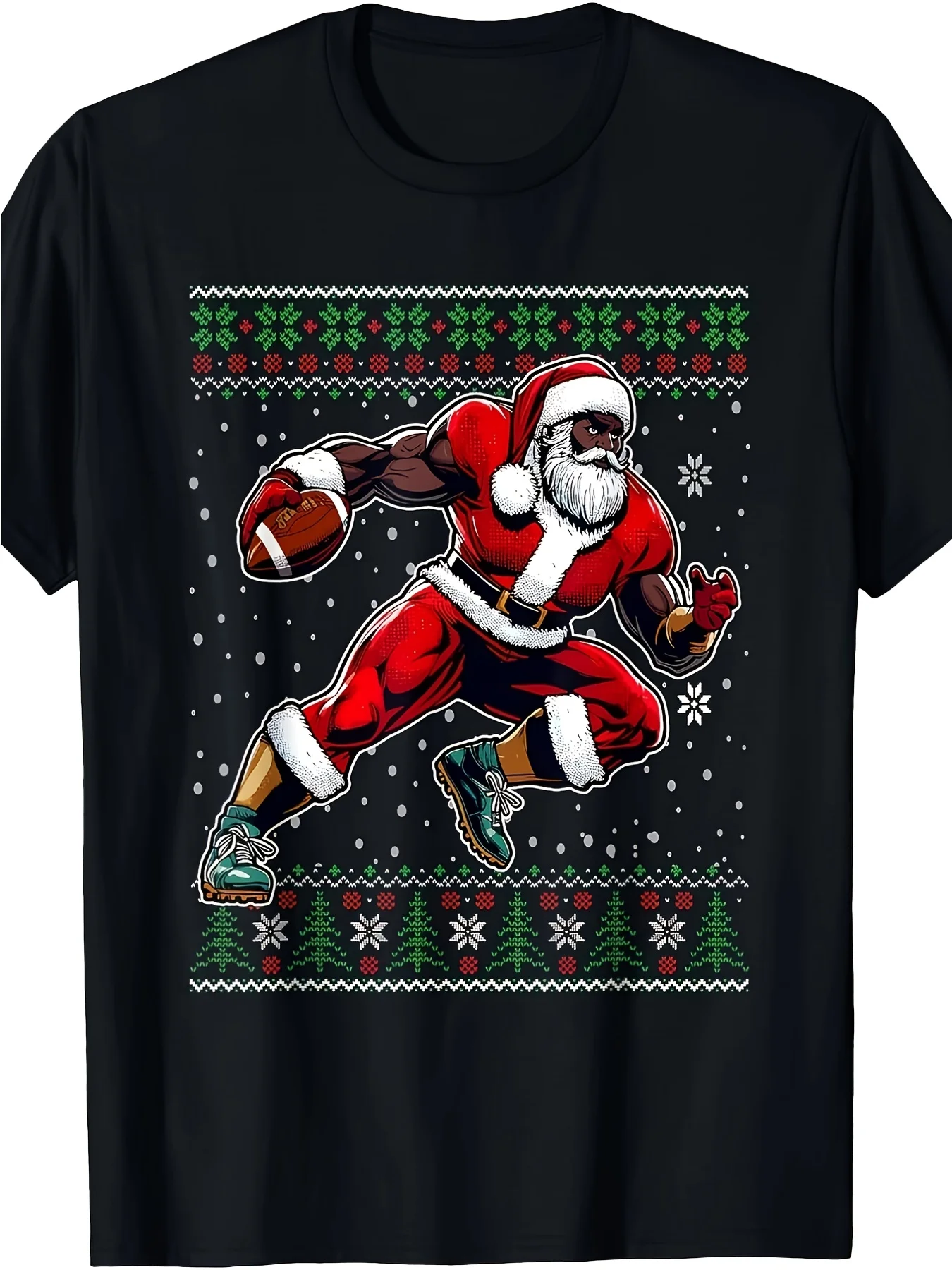African American Santa Claus Football Ugly Christmas Cotton T-Shirt - 100% - 220G, Shoulder Design, Short Sleeve - Multifunctional and Comfortable, Suitable for Leisure Outings, Parties, Same Style for Men and Women