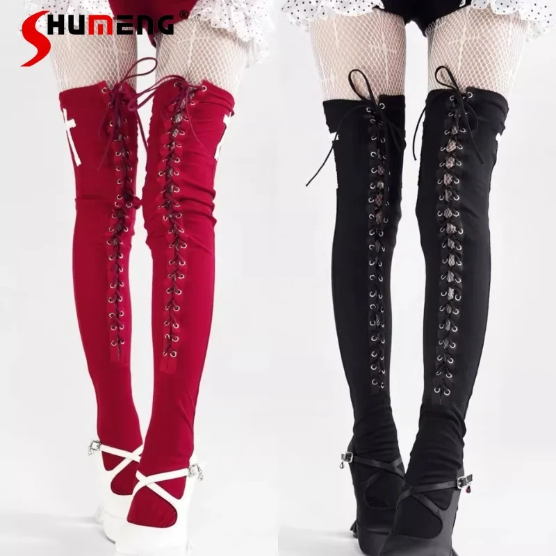 

Japanese New Design Dark Cross Strap Over-the-Knee Socks Gothic Subculture Wine Red Long Stockings Y2k Cool Hosiery Ladies Girls