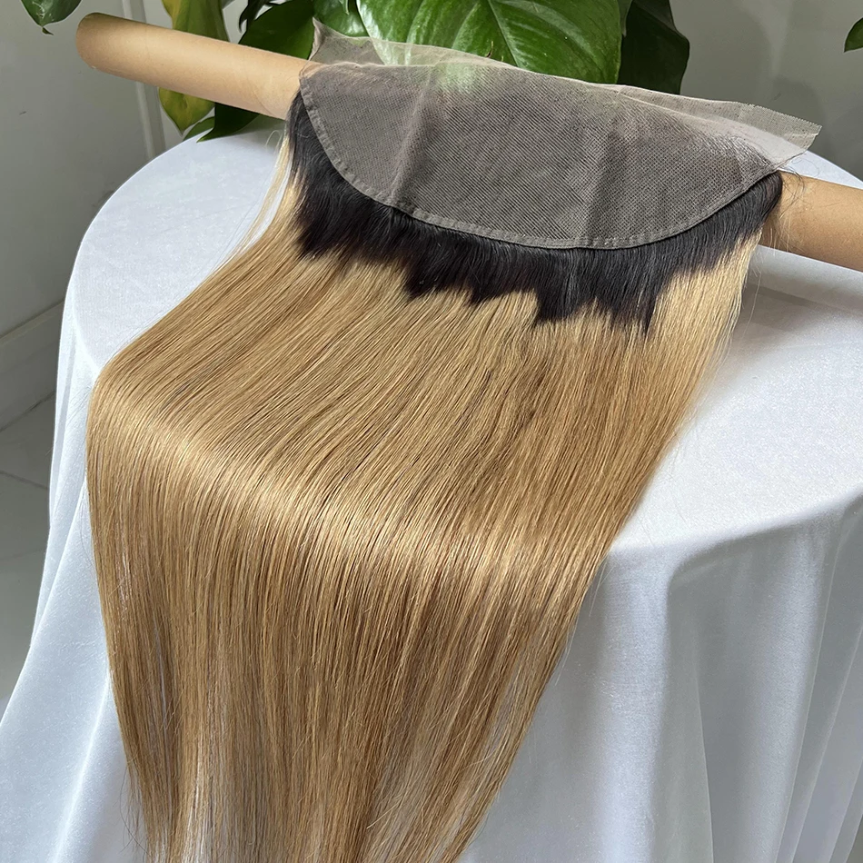 Ombre T1B/27 Color 13x4 Transparent Lace Frontal 100% Human Hair Straight Pre-Plucked Bleached Knots Invisible Lace Frontal