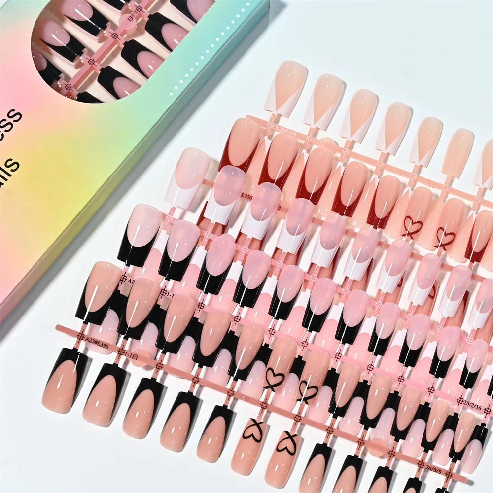 120Pcs Medium Square French Press On Nails Black Red Line Heart Fake Nails Tips Chic Minimalist Style Reusable False Fingertips