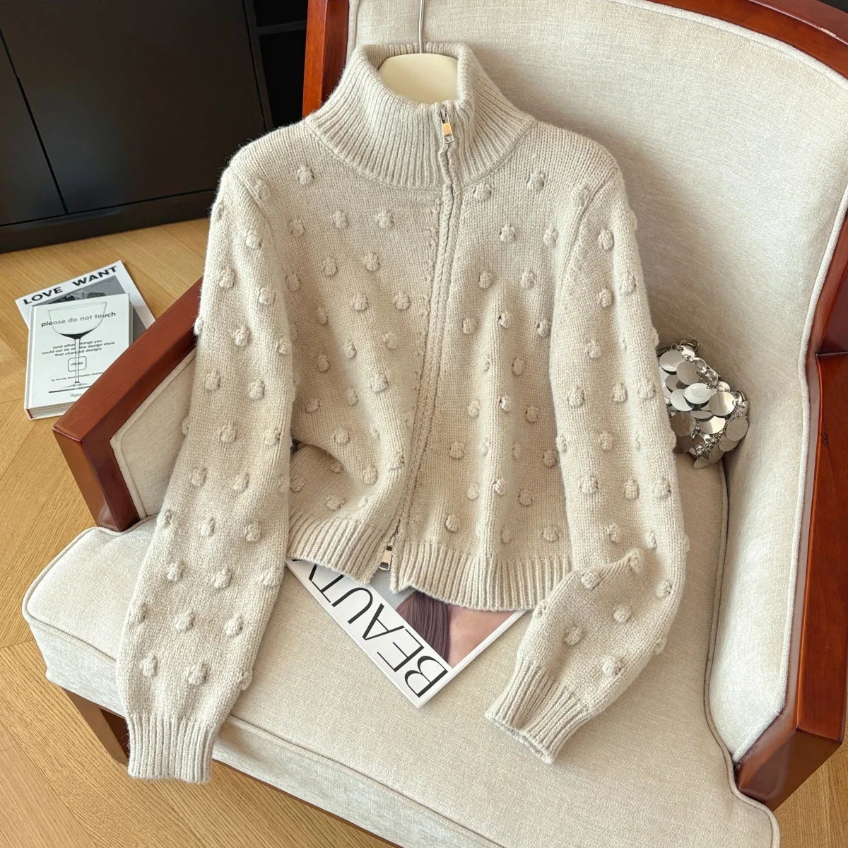 Women's Apricot Knit Cardigan Sweater Vintage Jumper Knit Long Sleeves Turtleneck Cashmere Sweater Autumn Winter 2000s Clothes