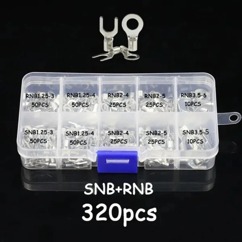 Crimp Spade Cable Wire Connector 320Pcs 10 In 1 Terminals Non-Insulated Ring Fork U-type Brass Terminals Assortment Kit
