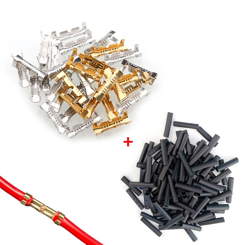 200Pcs U-shaped Crimping Terminals Tab Cold Press Connectors Small Teeth Fascia Copper Inserts 0.5-1.5mm2 Heat Shrink Tube