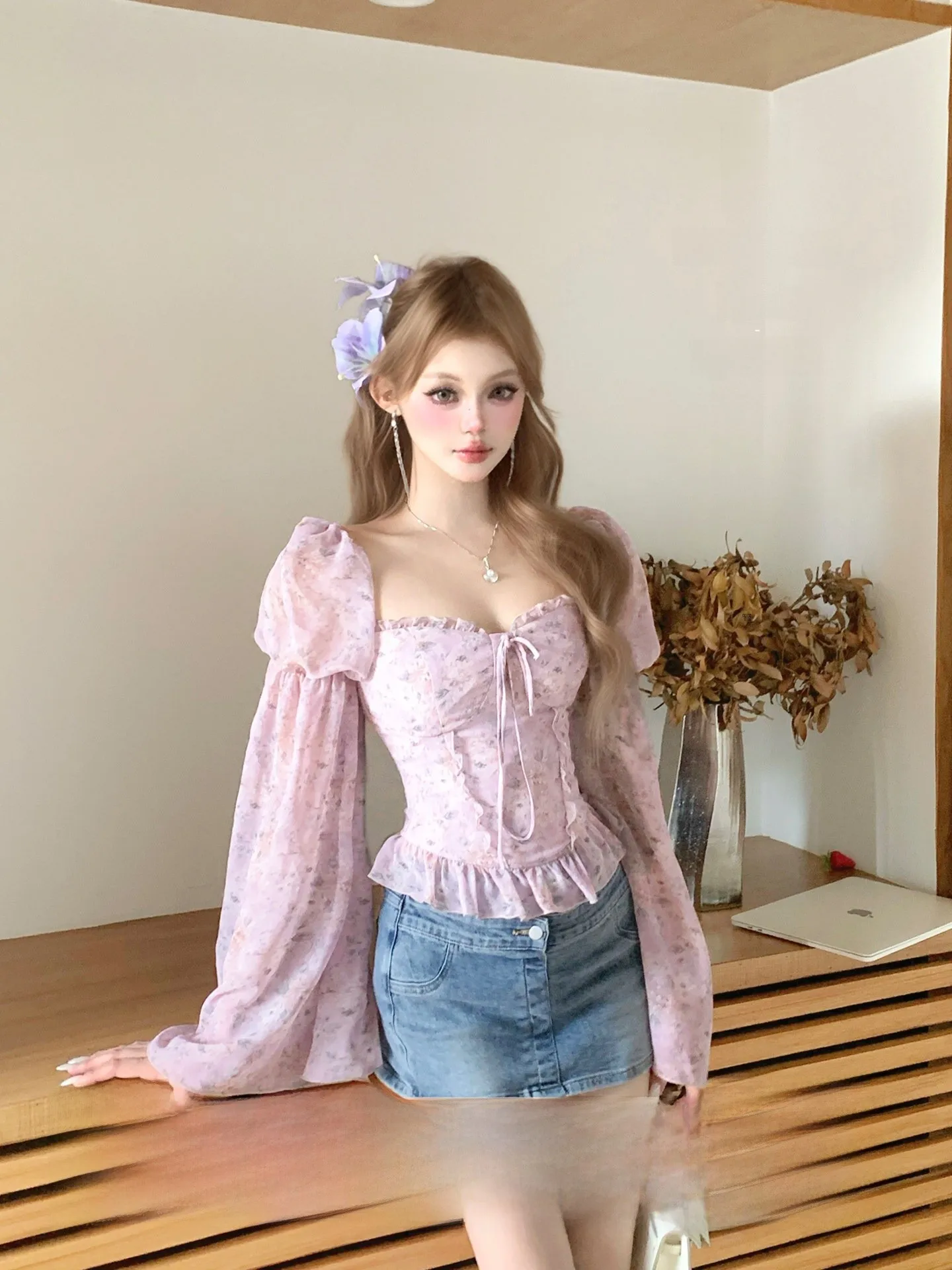 

Ele Long Sve irt with Knot Design by Joykiki Sweet Sle Polyester Fabric Breathable Ciwalk Suitable