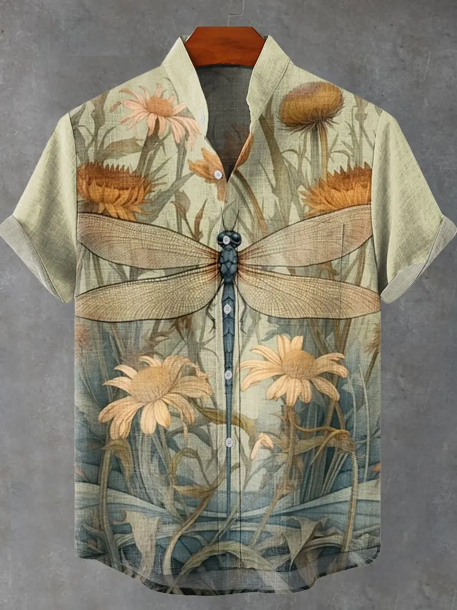 

New Men's Shirt Summer 3D Dragonfly Pattern Printed Casual Fashion Linen Men's Short Sleeve Shirt