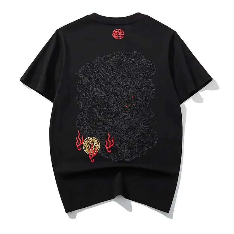 2026 New Summer Chinese Style Men's Short Sleeve T-Shirt with Embroidered Print, Round Neck, Elastic, Breathable, Casual, Stylis
