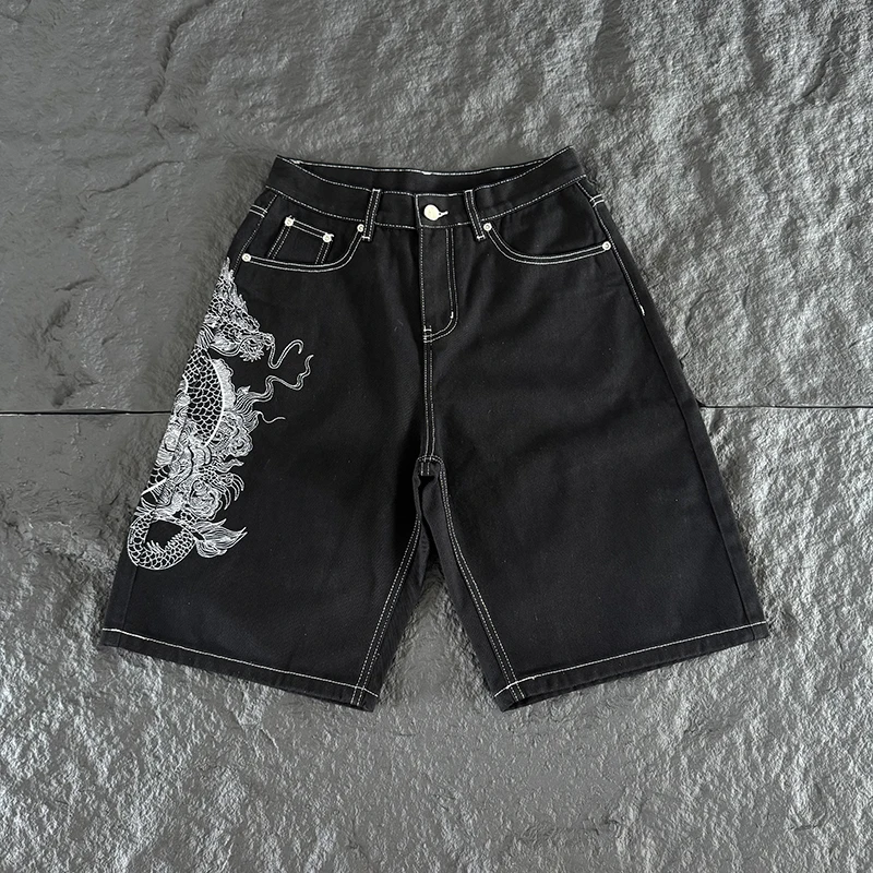 2026 New DERSCHUTZE Men's Denim Shorts, Wide Leg Knee Length Pants Vintage Chinese Dragon Side Embroidery Streetwear Jean Shorts