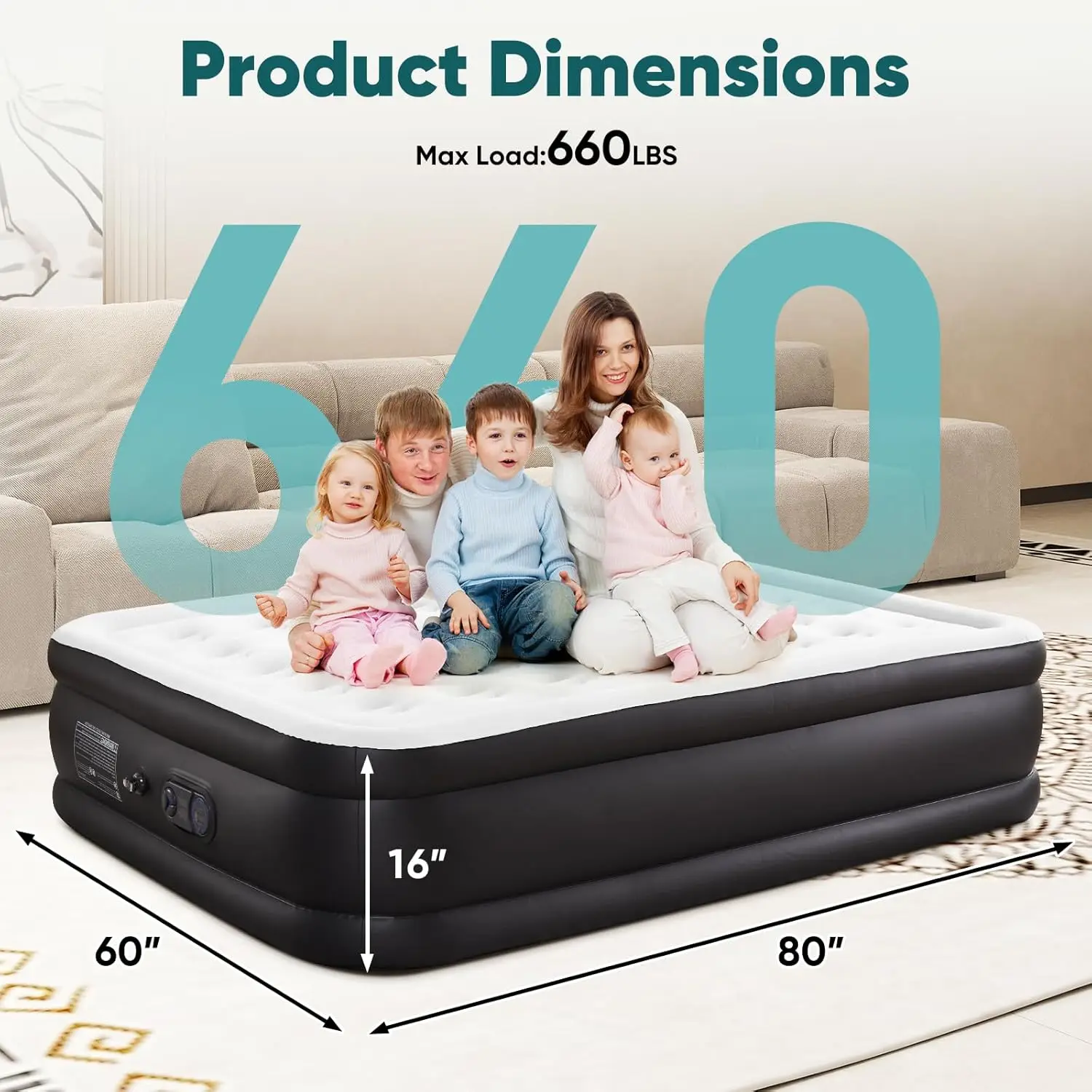 

Sweetcrispy Queen Air Mattress - 16"" Inflatable Blow Up Airbed With Built-In High Capacity Pump, Double Height, Non-Slip