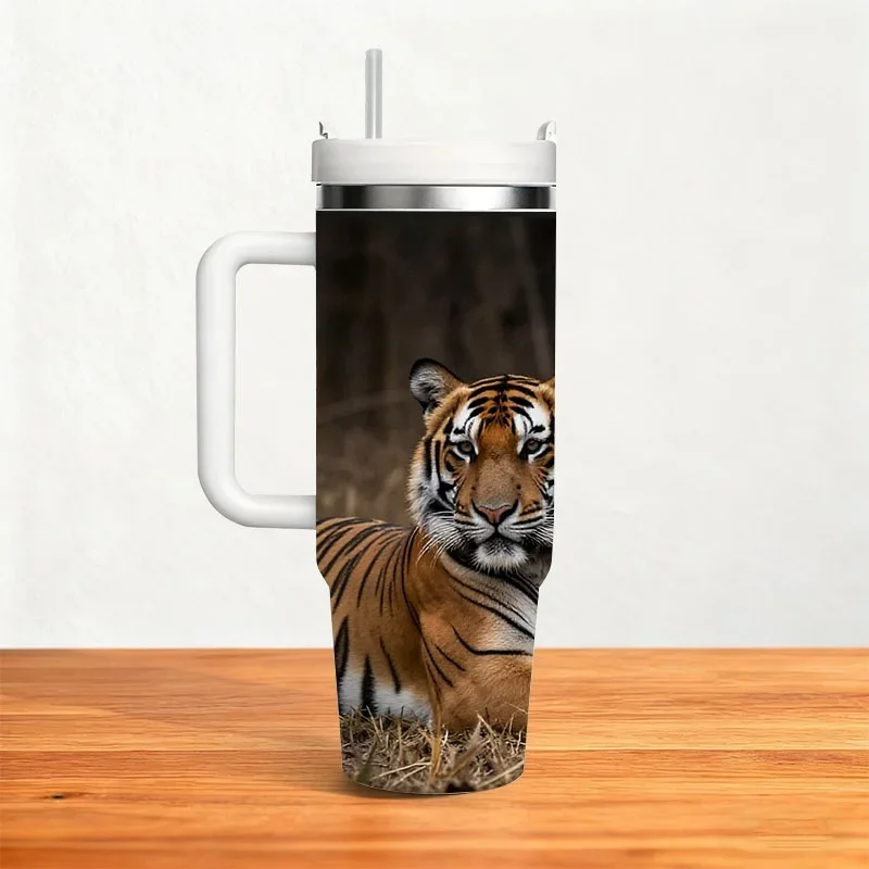 40Oz Stainless Steel Insulated Tumbler, Digital Printed Alert Lying Tiger Pattern, Durable Heat And Cold Retention Drink Cup for Daily Outdoor And Office Use