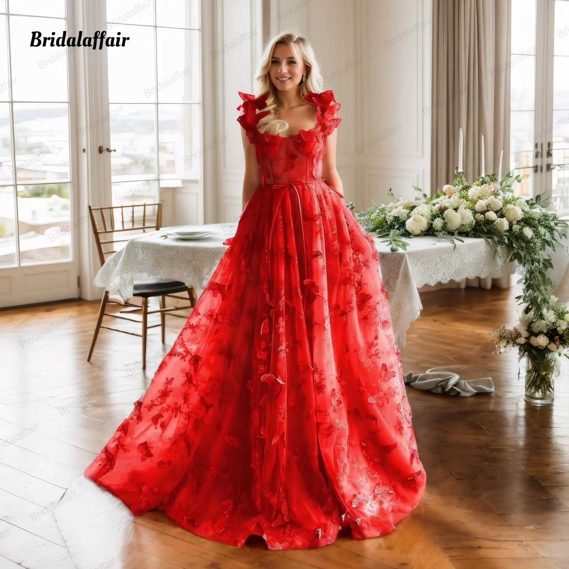 

Elegant Floral Tulle Butterfly Prom Dress 2025 Floor Length Spaghetti Straps Fairy Corset Evening Gowns with Side Slit Plus Size