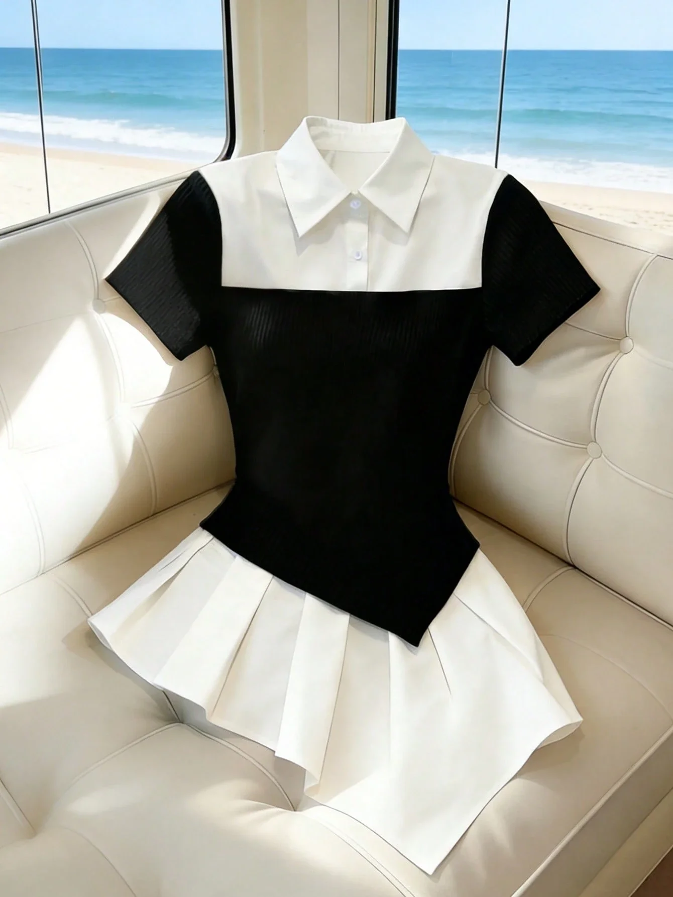 

Черно-белая блузка с короткими рукавами, цветными блоками, рюшами по низу и зауженной талией