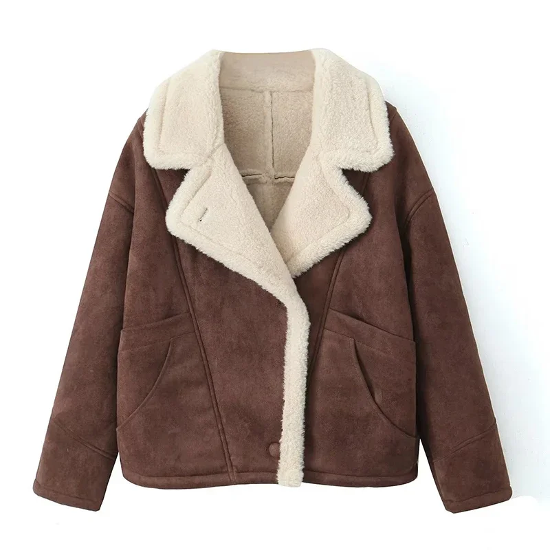 Fashion Oversize Loose Lamb Jacket For Women 2024 Winter Long Sleeve Button Fleece Coats Female Hip Hop Street Fluffy Outerwear