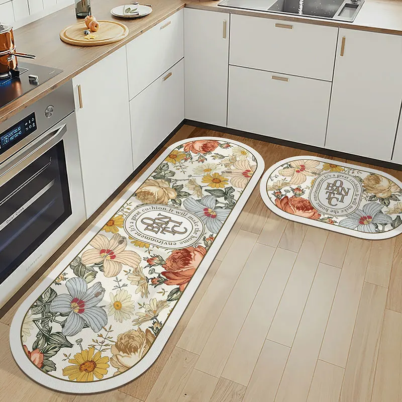 

Kitchen Floor Mat Long Flower Oval Soft Area Rugs Bathroom Non-slip Entrance Doormat Hallway Rug Waterproof Kitchen Carpet