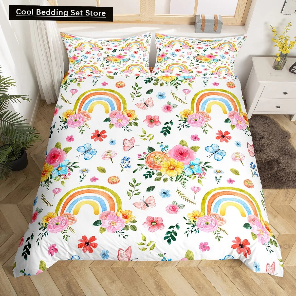 

Rainbow King Queen Duvet Cover Colorful Rainbows Bedding Set Watercolor Floral Butterfly Comforter Cover Polyester Quilt Cover