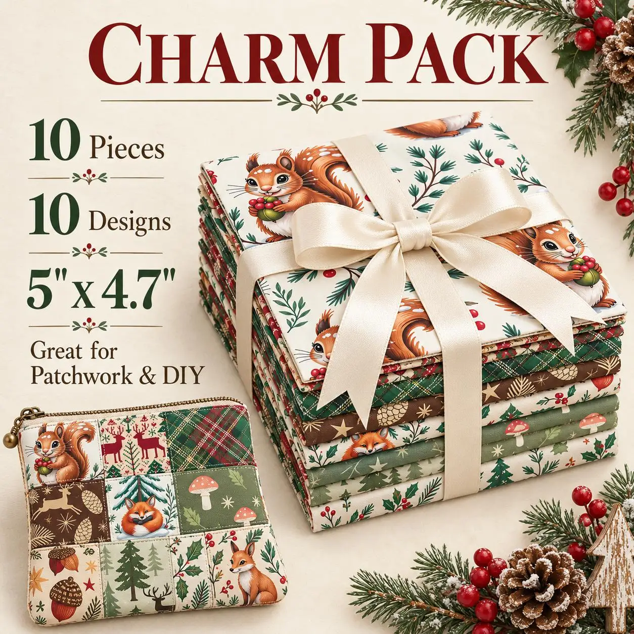 10Pc/Set Christmas Series Star Deer Fox Squirrel Holly Pinecones Fat Quarter Fabric, Pre-Cut Square Fabric Assort, Fabric Set,