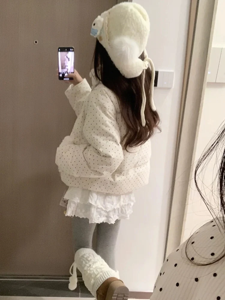 Polka Dot Bianco Puffer Jaet Donna 2025 Nuovo Thiened Allentato ort Velluto a coste Tuta Sportiva Autunno Inverno Coreano Sle Pendolarismo Vento