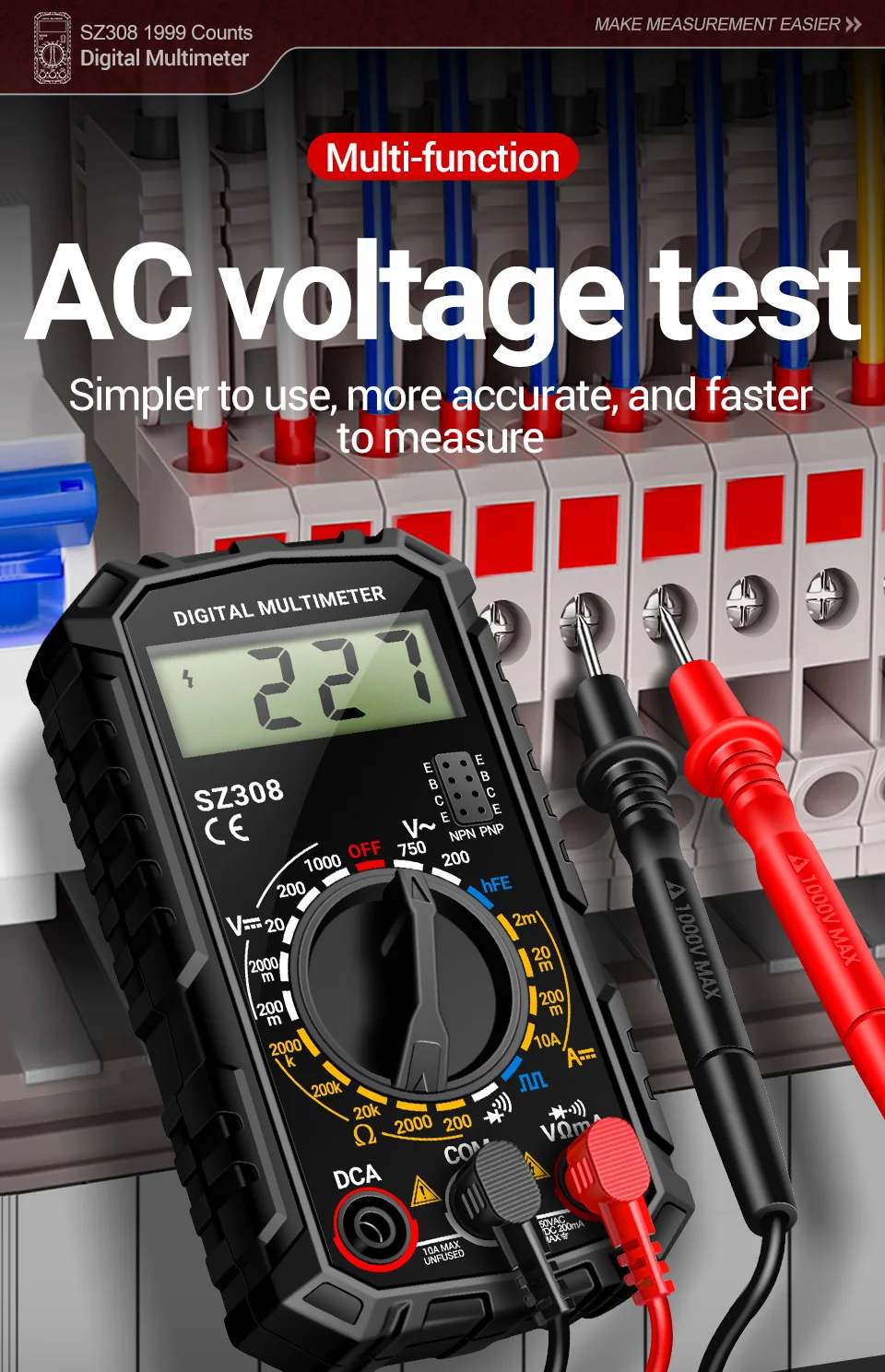 Digitales Multimeter, Rechteckwellen-Tester ANENG SZ308, Spannungs- und Widerstandsmessgerät, AC/DC-Strommessgerät, Elektriker-LCD-Hintergrundbeleuchtung, Ohmmeter-Werkzeug – Detail 3
