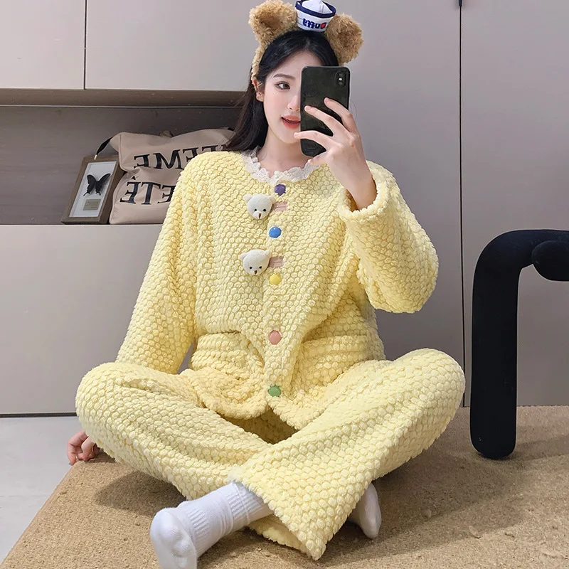 

Зимний утепленный полуфлисовый пижамный комплект, женский милый кардиган с героями мультфильмов, брюки, одежда для дома, корейский студенческий домашний костюм для общежития