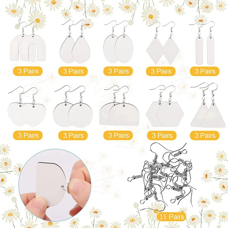 60Pcs Sublimation Blank Earrings, Earrings Heat Transfer, Unfinished Earring With Hooks For DIY Sublimation Accessories