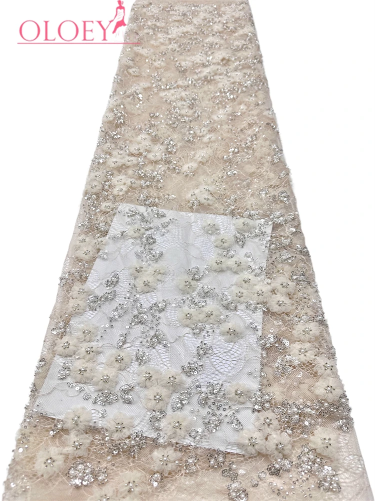 

OLOEY Luxury African French Tulle Lace Fabric 2026 High Quality Beaded Nigerian Sequins Lace Fabric for Wedding Dress Sewing