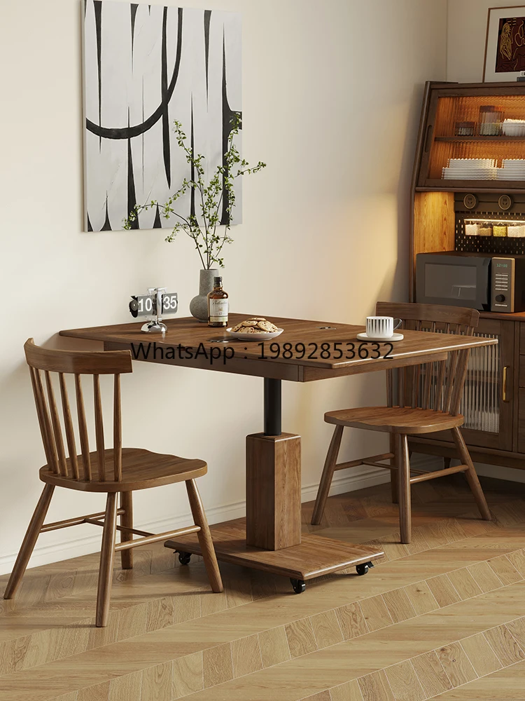 LYY Solid Wood Coffee Table, Adjustable Height, Movable, Multifunctional, Ash Wood, Black Walnut Color,  Room, Dining