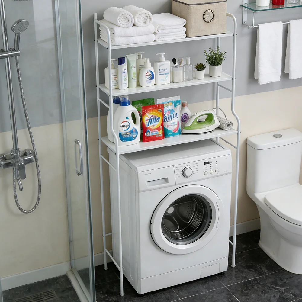 3-stufiges Badezimmer-Aufbewahrungsregal für Waschmaschinen, Toilettenregal aus Metall über dem Toilettensitz, Badezimmer-Aufbewahrungsplattform – Detail 8