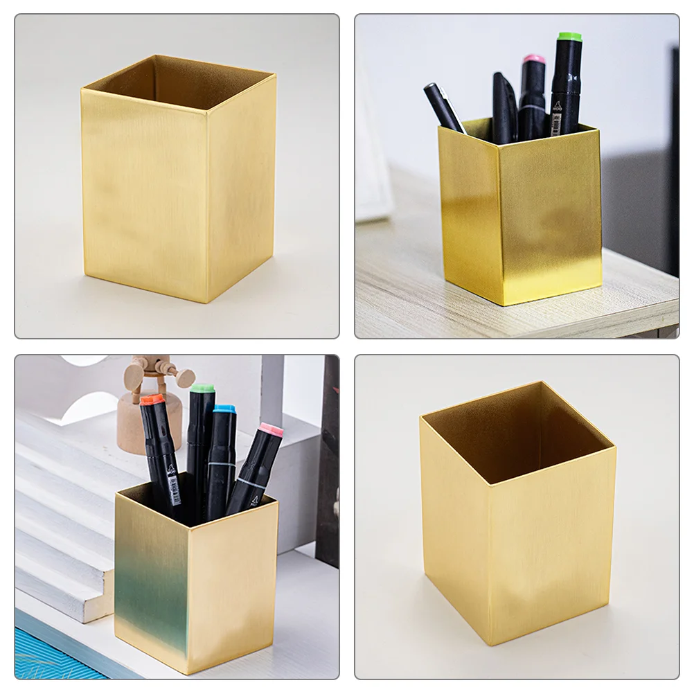 Stainless Steel Square Storage Box Stationery Office Desk Accessory Golden Organizer