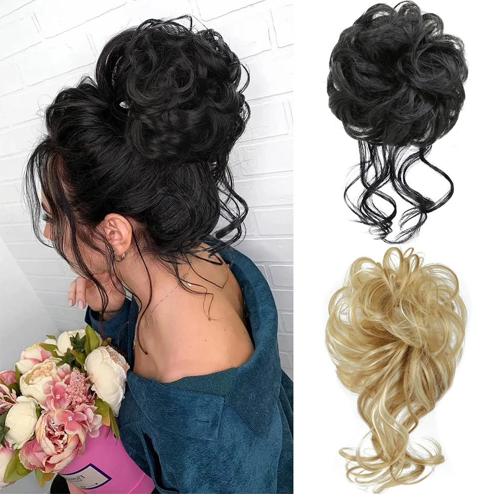 Extensões sintéticas do pão do cabelo para mulheres, desarrumado, encaracolado, Chignon, louro, marrom, preto, faixa de Updo do donut, elástico, crocante