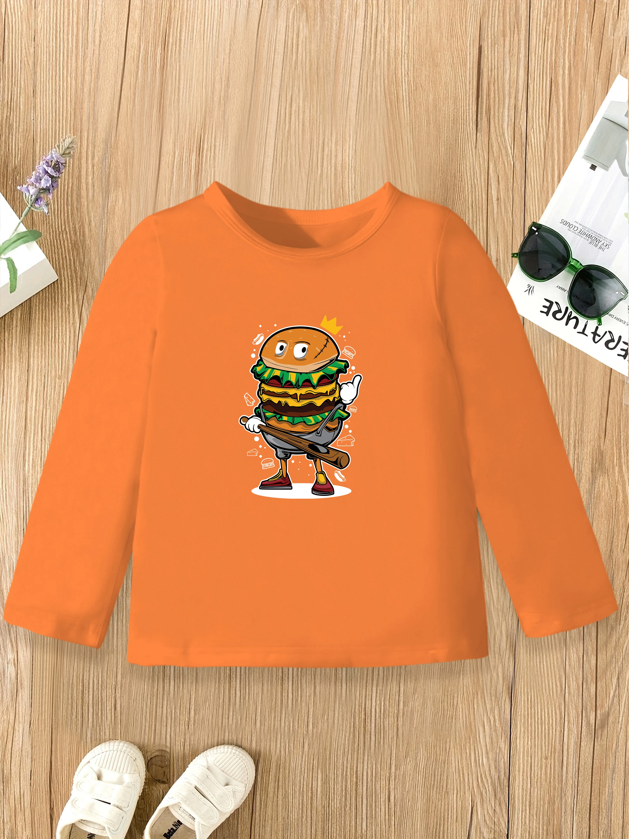 

1 шт.: Осенний повседневный базовый слой для мальчиков — принт с мультяшным гамбургером