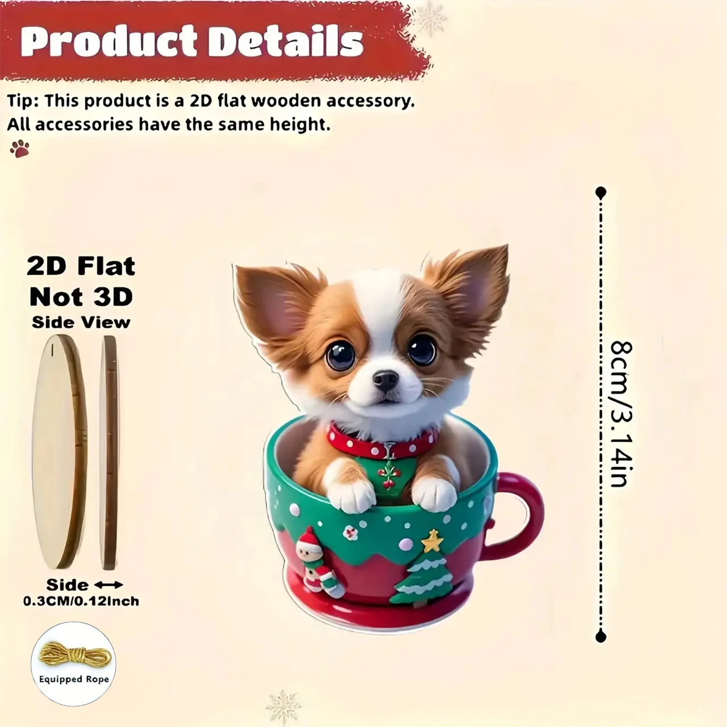 2D plan, 8 pieces of Christmas themed wooden jewelry with Chihuahua patterns, surprise gifts for holidays such as Christmas