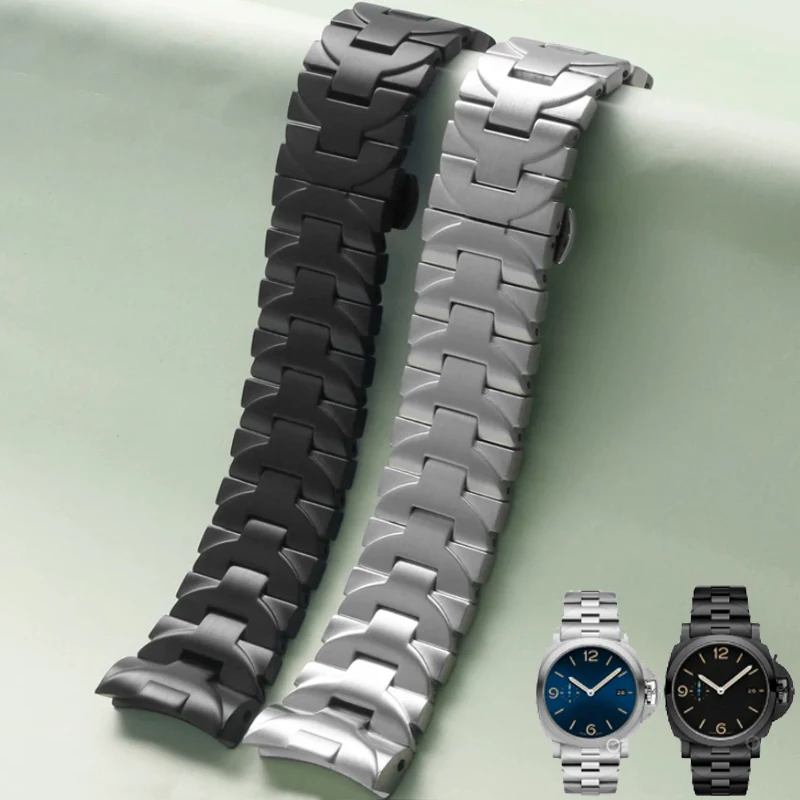 High-Grade Stainless Steel Scratch-Resistant Watchband for Panerai Series 24mm Black Silver Quick-Release Arc Interface Bracelet