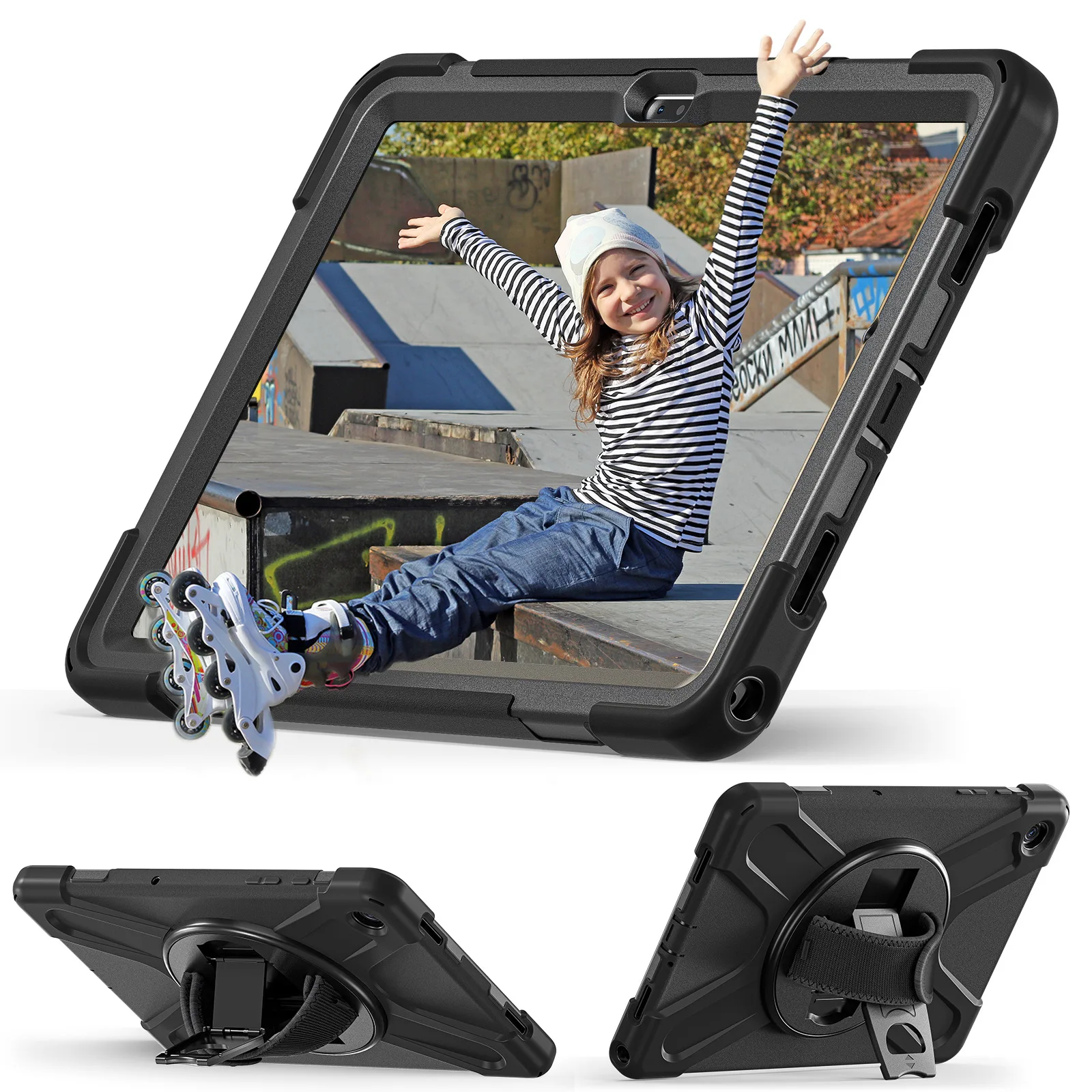 360 Rotating 3 Layer Protect Case Cover Hand Shoulder Strap For Samsung Galaxy Tab A9 SM-X110 X115 X117 A9 Plus X210 X216 X218
