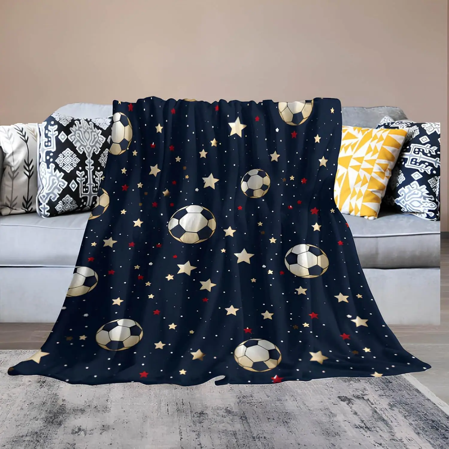 Football and Star Navy Blue Night Sky Boys and Girls Throwing Blanket, Seamless Thin Throwing Blanket for Children