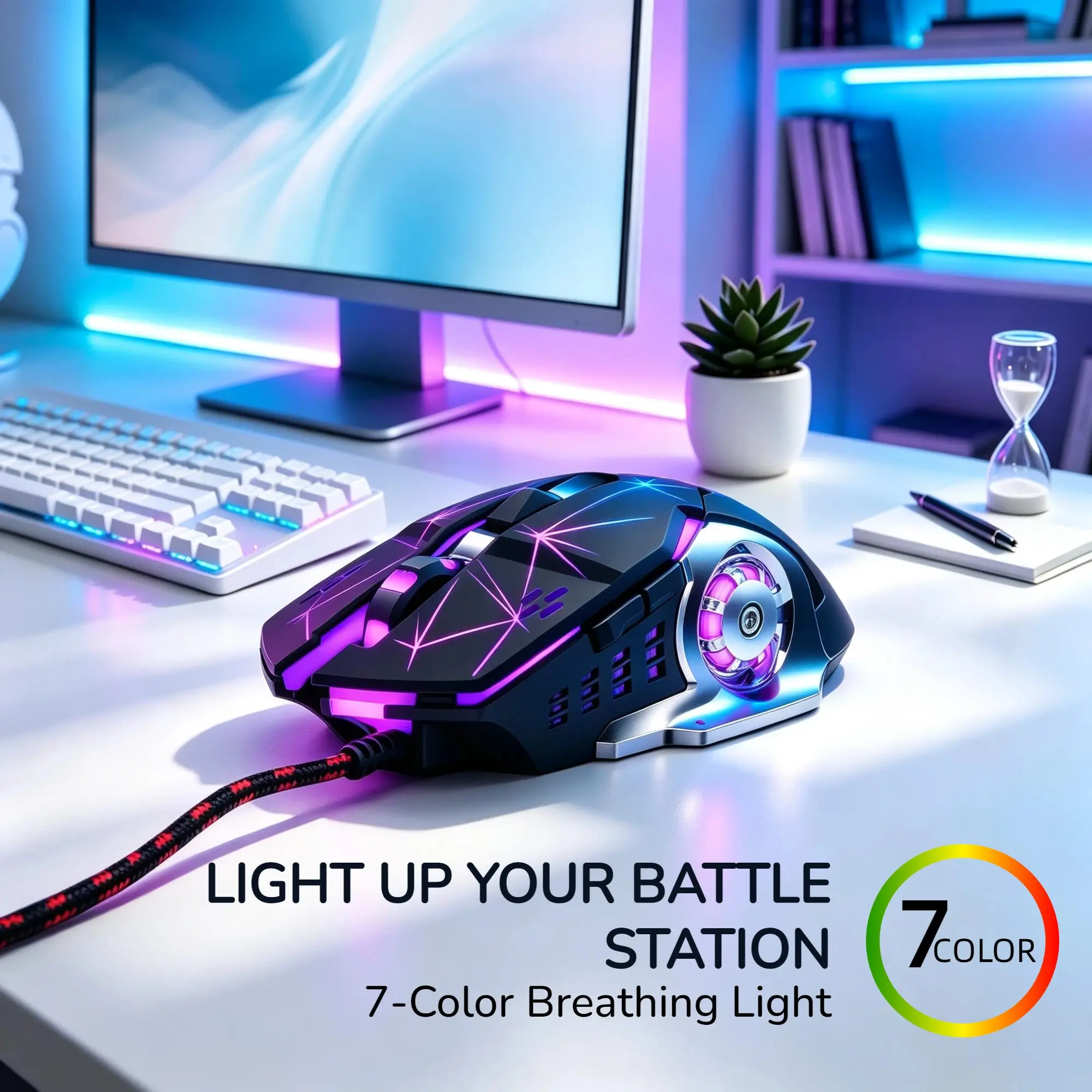 V6 Wired Gaming Mouse 3600DPI Adjustable 6 Button RGB 7-Color Breathing Light Ergonomic Metal Base Plug Play PC Laptop