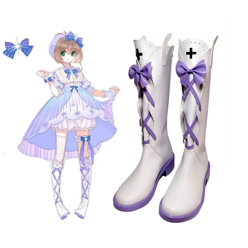 New Cardcaptor Sakura Clear Card Cosplay Shoes Knee Length PU Leather Cosplay Boots Purple High Heels Lolita Shoes Size 35-42