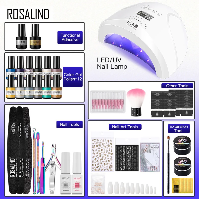 Rosalind Nail Gel Kit Nagellak Semi-Permanente UV-Lamp Nagelgereedschap Doorweekt Van Basale Top Coat Nail Art Manicure Voor Beginners Kit