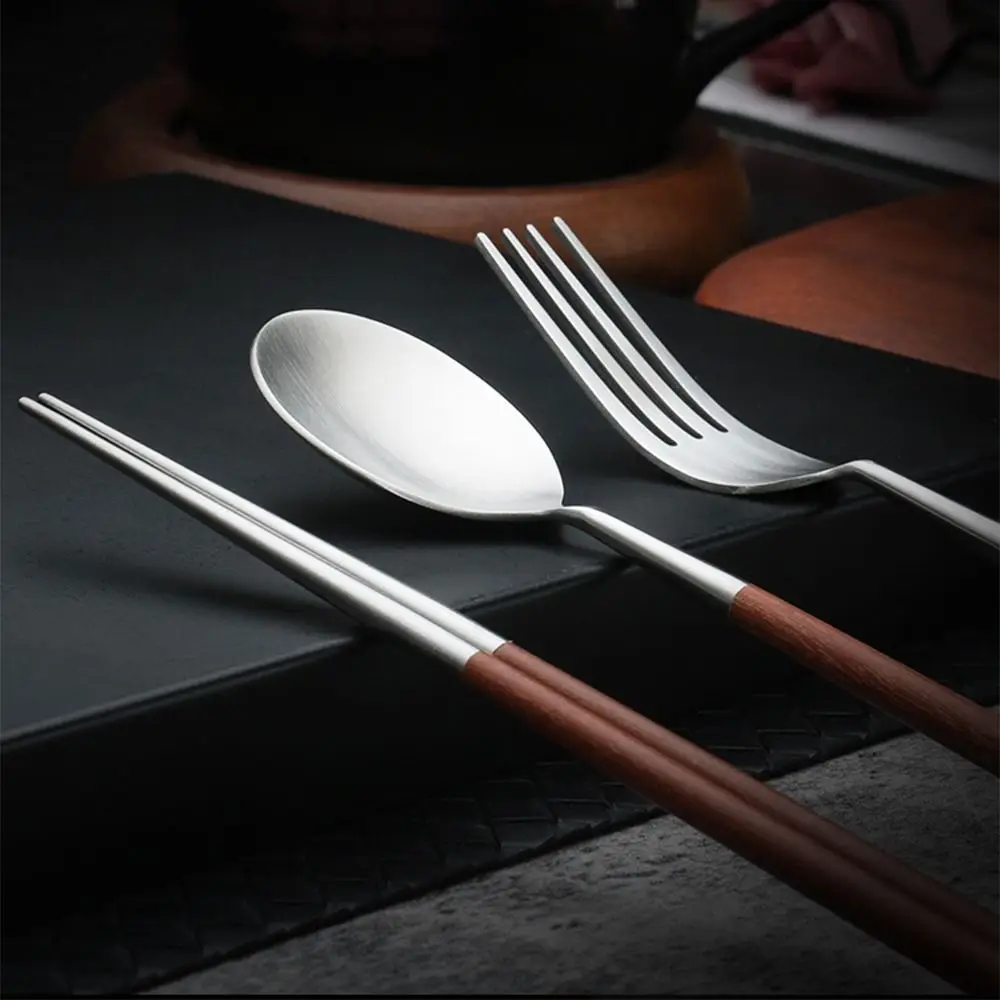 Household Dining Spoon Fork Chopsticks Portable Vintage Wooden Dinnerware Reusable Long Handle Lunch Tableware Restaurant