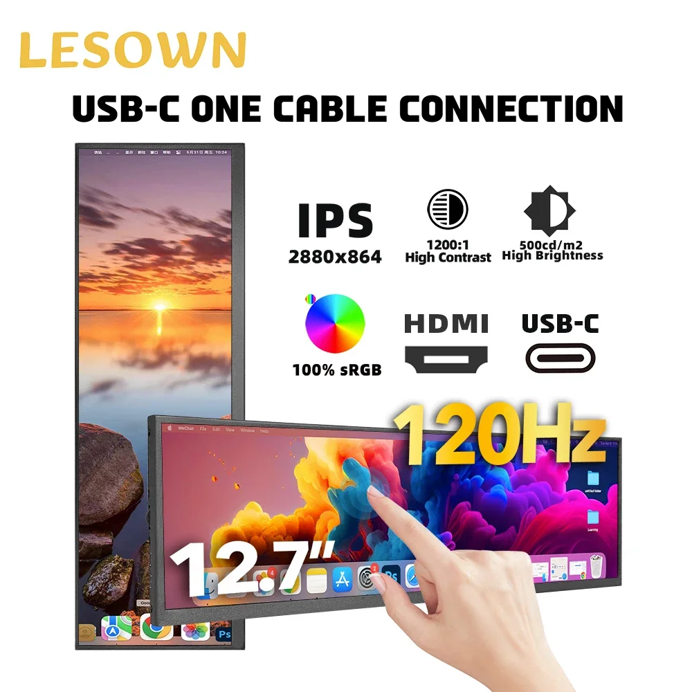 LESOWN 12.7 inch Long Strip 2880x864 IPS Touch Monitor 120Hz 100%sRGB USB C HDMI Wide External Portable Secondary Screen Display